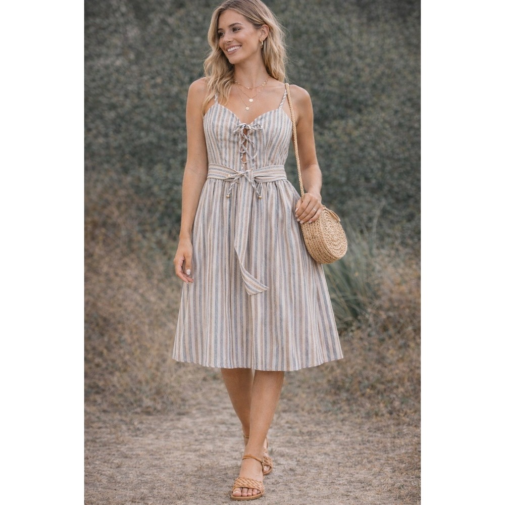 Indikah Striped‎ Lace Up Midi Dress Neutral Tan Blue Herringbone XS